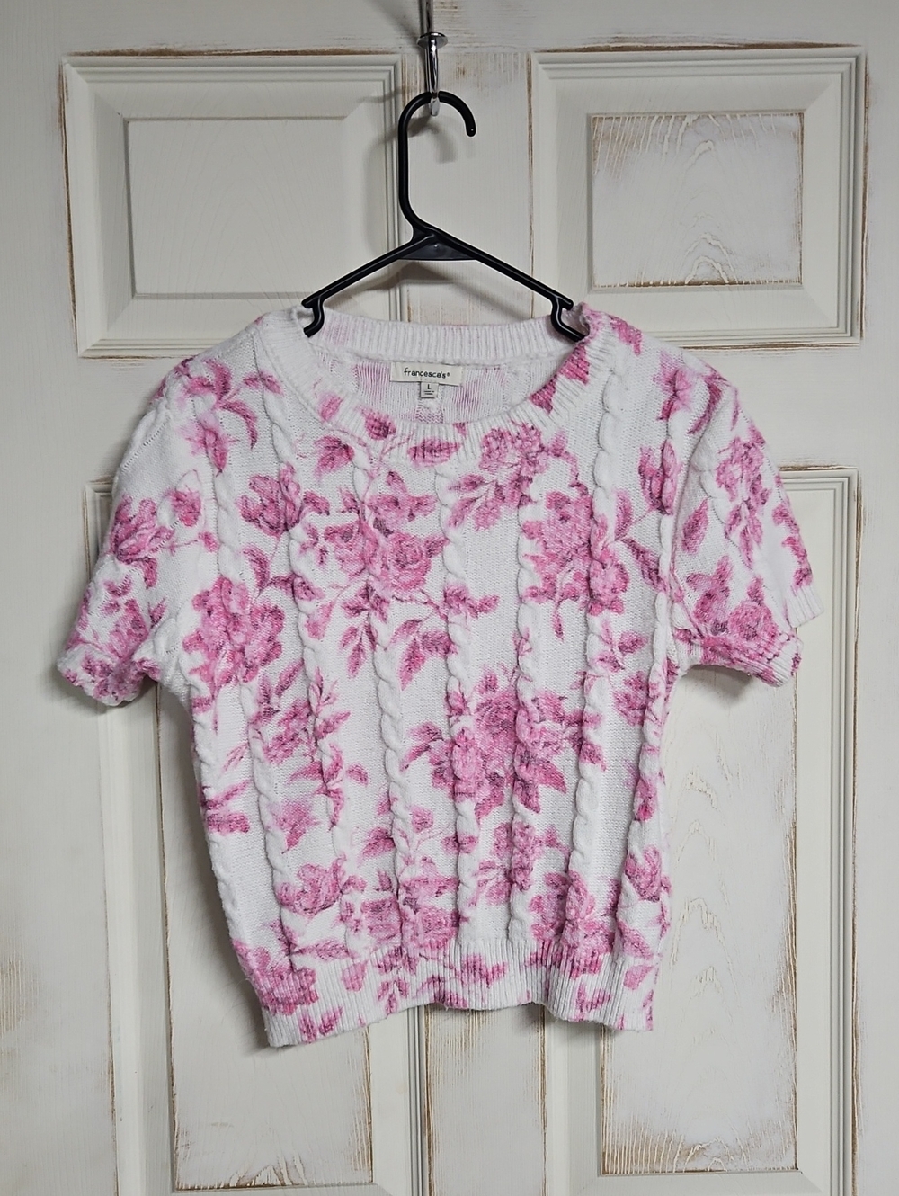 Francesca's White Short-Sleeve Cable Knit Sweater with Pink Floral Print